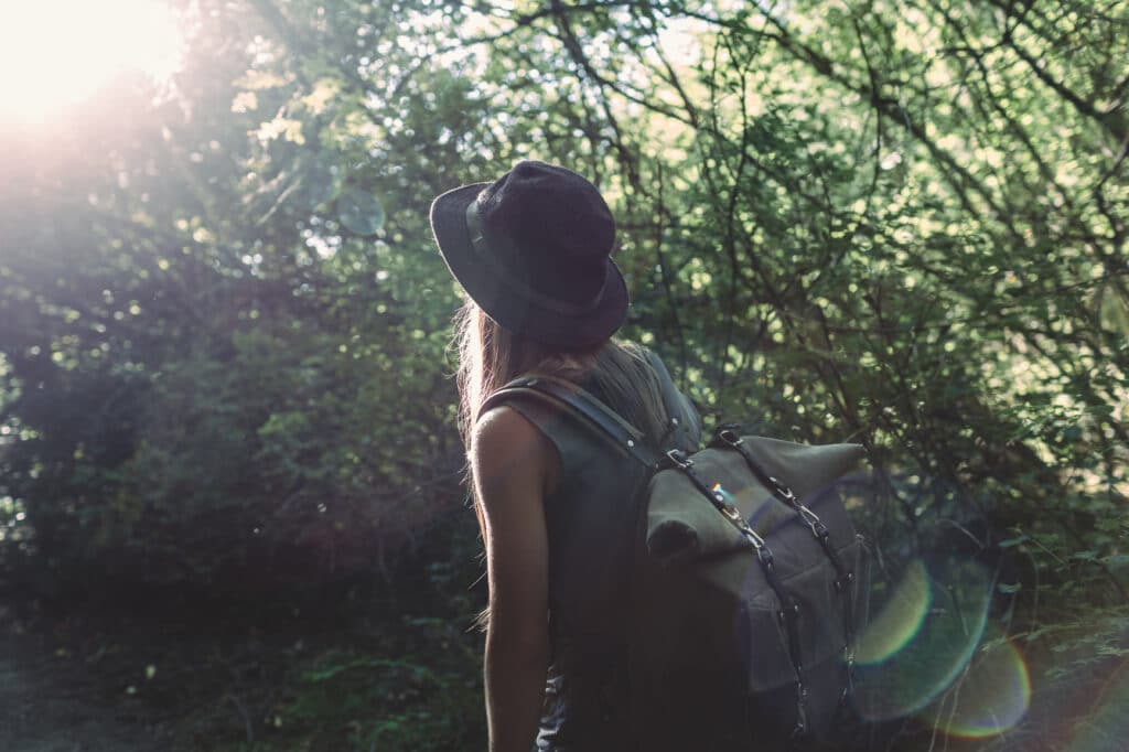 A person with a backpack looks up toward sunlight filtering through trees, representing nervous system healing and renewed hope after trauma.