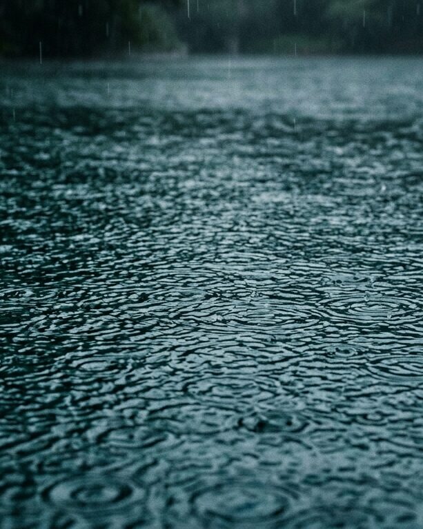 Rain falling on water surface